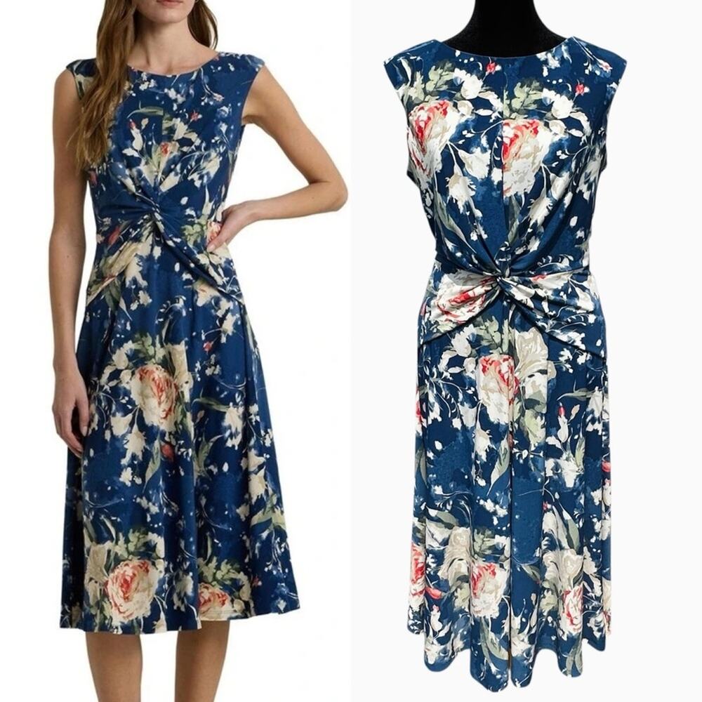 Ralph Lauren Midi Dress Blue Floral Twist Front Stretch Jersey Wedding Guest 6 - Picture 14 of 14